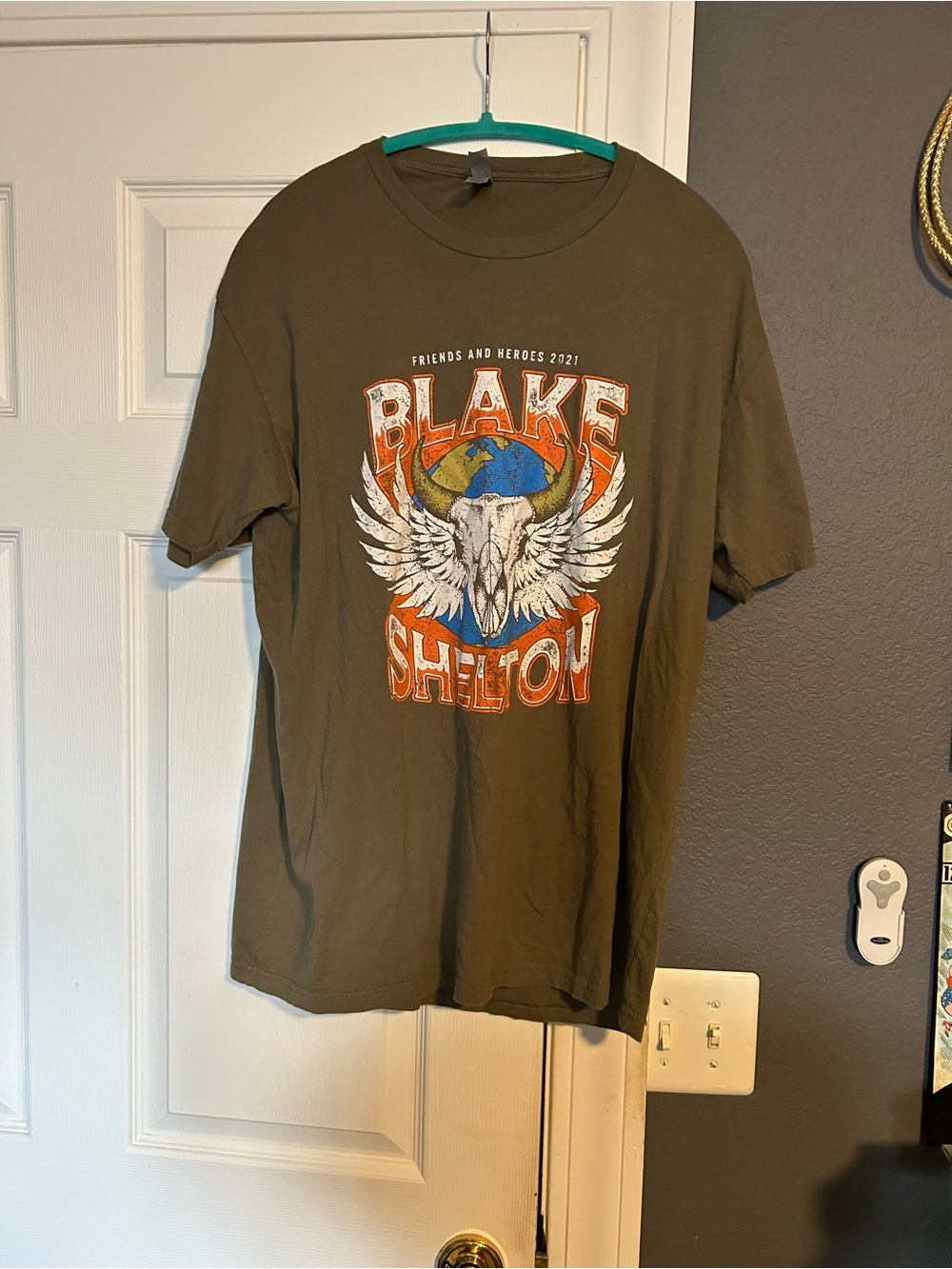 Next Level Apparel Olive Short-Sleeve Graphic Tee with Orange & White Print